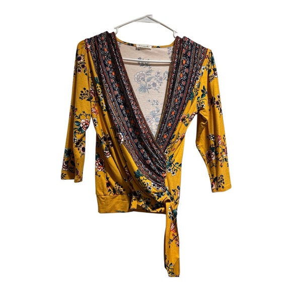 Loveappella Mustard Floral Wrap Top | Boho Tie Blouse - Picture 3 of 7